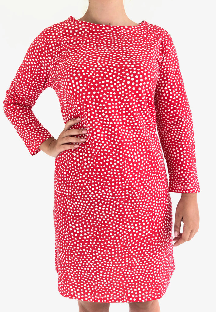 A comfortable and versatile See Design woman in a red and white polka dot Knit Dress 3/4 Sleeve.