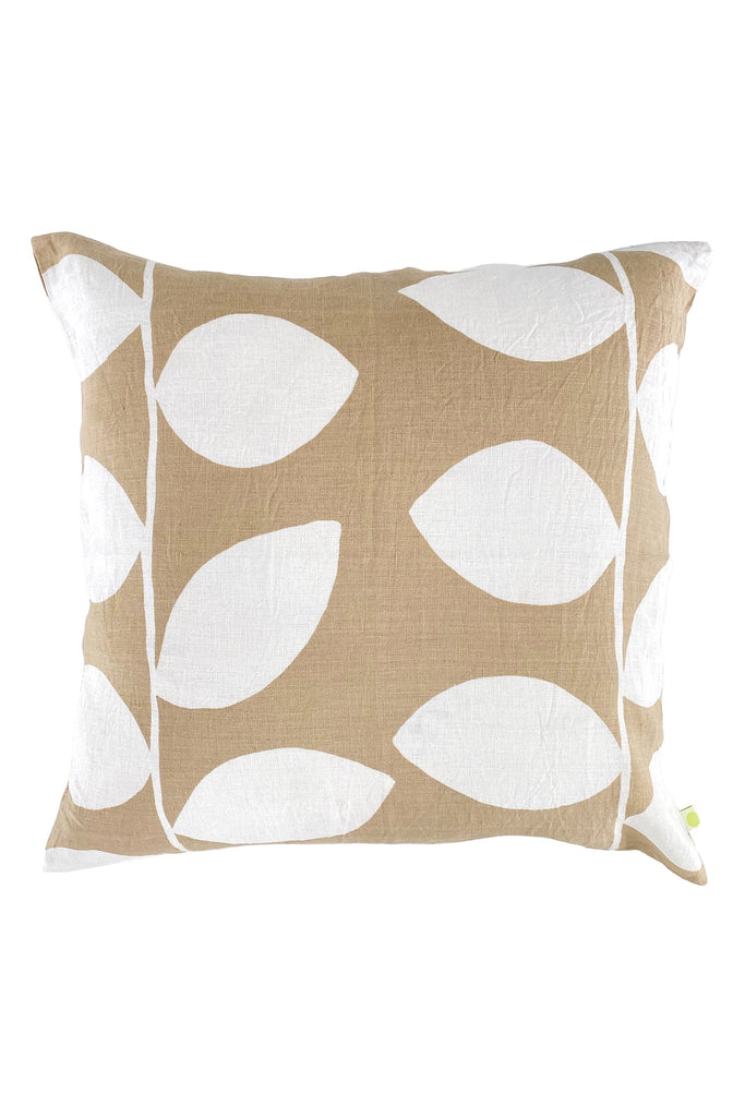 See Design's Linen 26" Pillow Cover with a beige background and a white leaf pattern featuring a zipper closure, isolated on a white background.