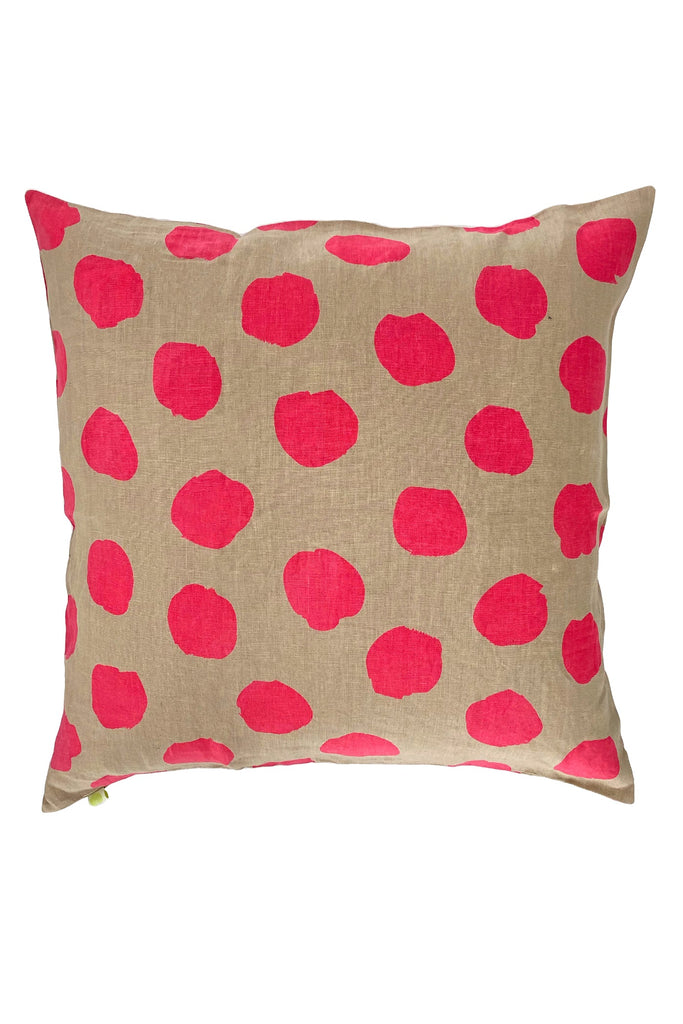 Linen 26" Pillow Cover with a beige background and bright pink irregular polka dots, featuring a zipper closure by See Design.