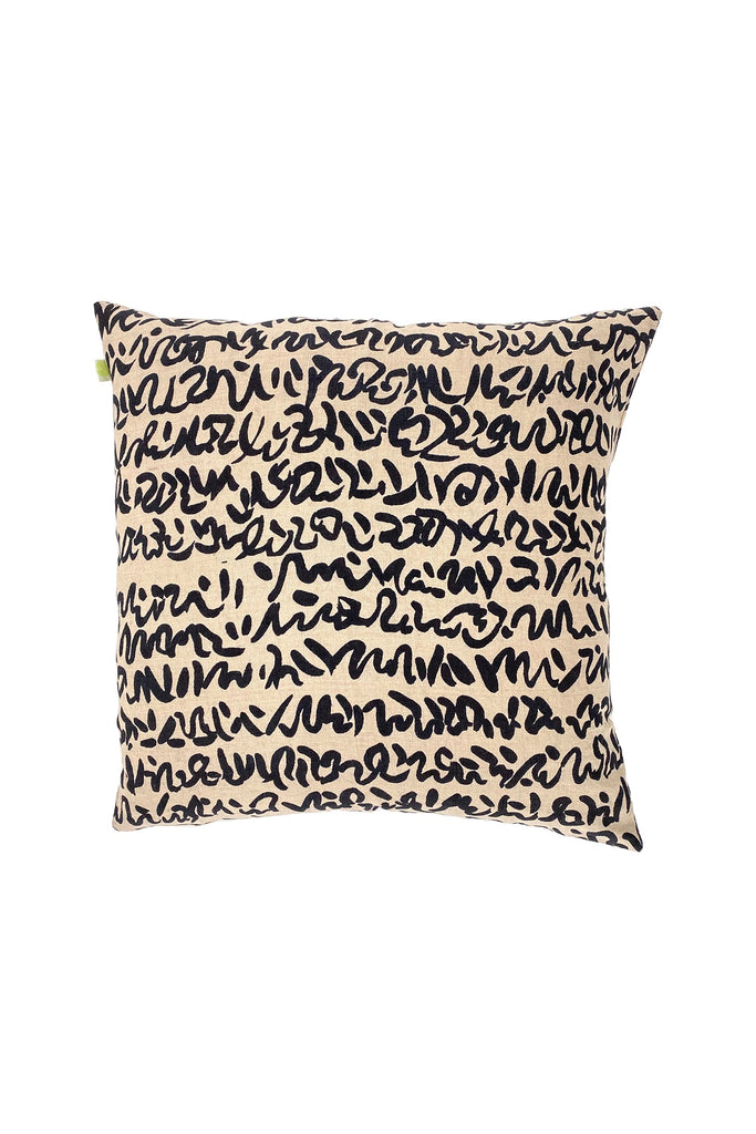 A hand-painted Linen 20" Pillow Cover with black and white writing by See Design.