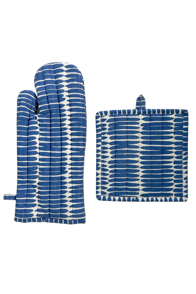 The See Design "Oven Mitt & Potholder Set," featuring a blue and white patterned cotton fabric mitt and a matching square potholder, is displayed side by side on a white background.