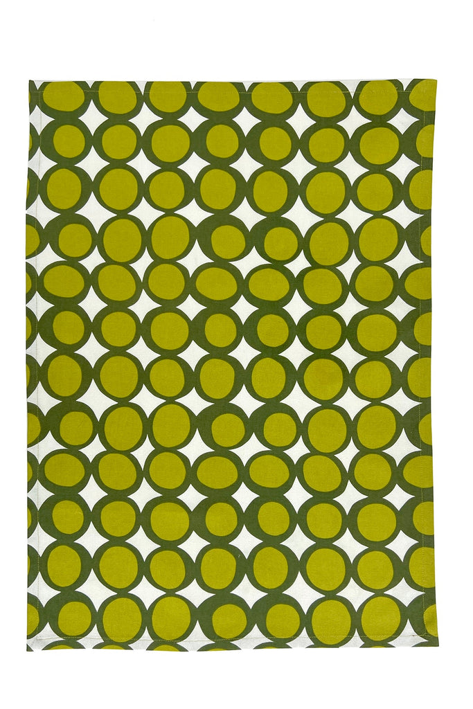 The See Design Tea Towels (Set of 2) feature a rectangular cotton design with a green and yellow overlapping circle pattern on white, inspired by Donna Gorman’s vibrant kitchen towels.