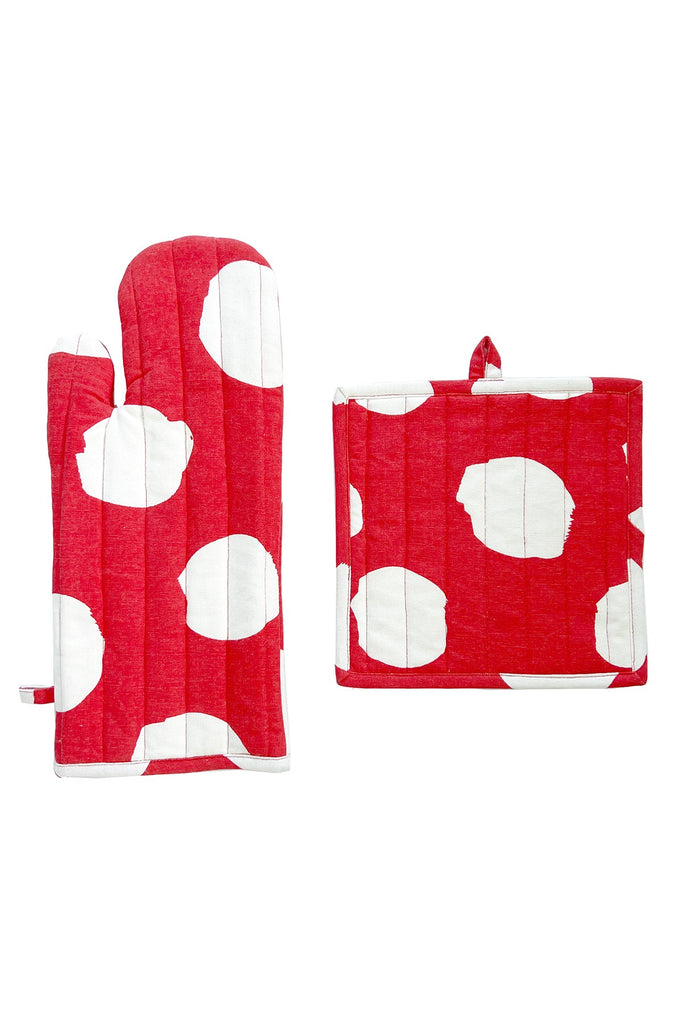 See Design Oven Mitt & Potholder Set in red cotton with bold white polka dots, shown against a clean white background.