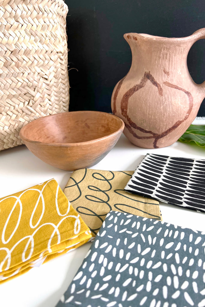 Yellow Grey Black and Natural Cotton Cocktail Printed Napkins