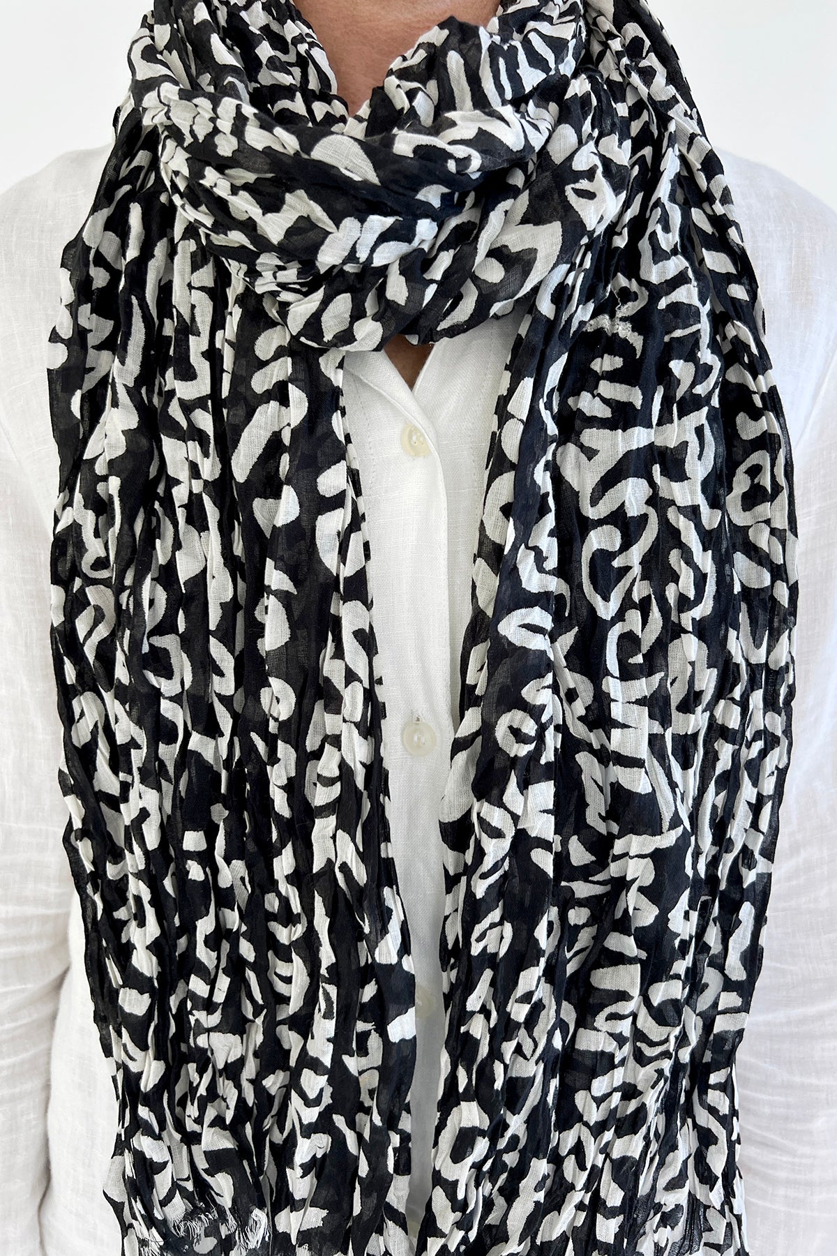 White & Black Cotton Stole | Scarf with Block printed Indian Floral & Leaf  Design