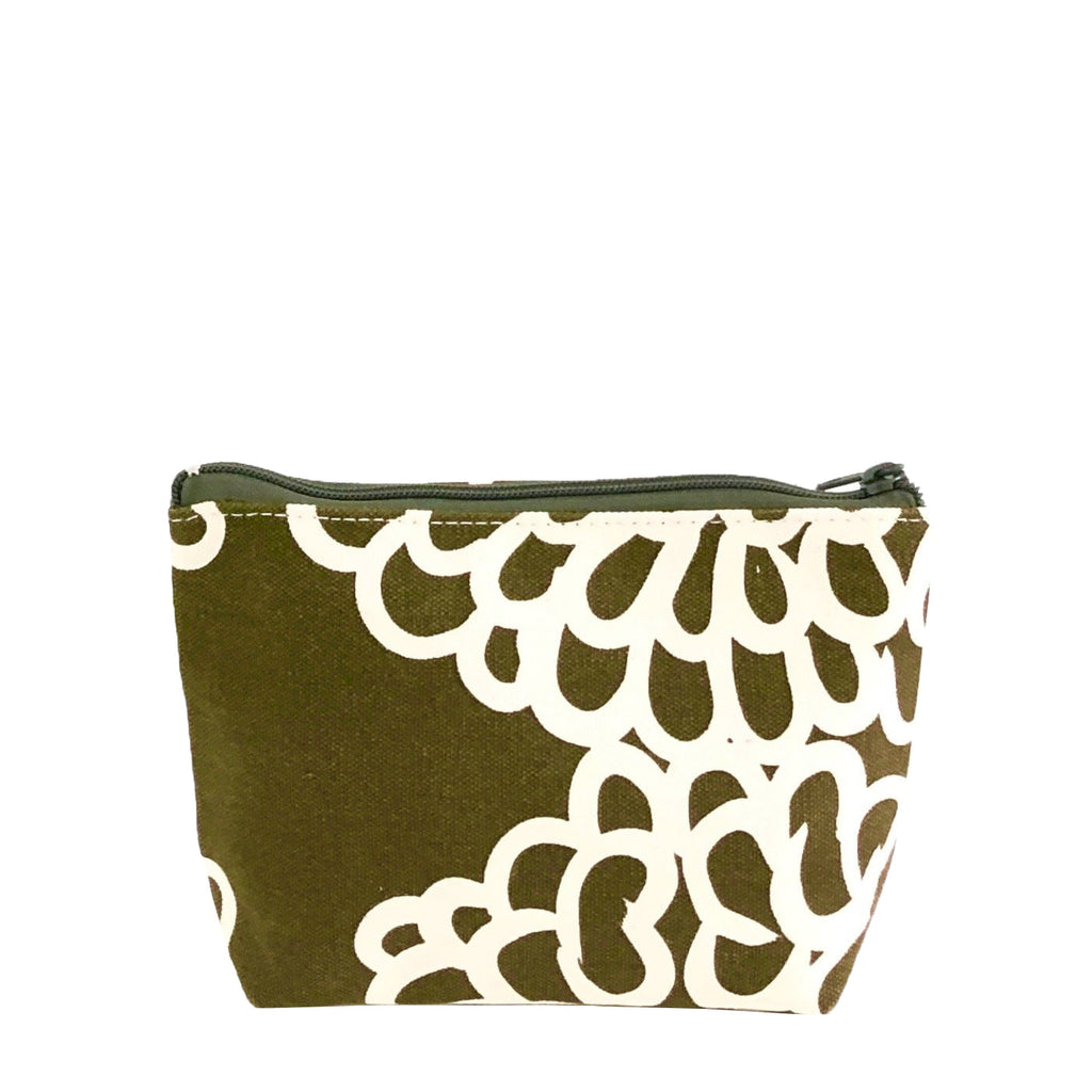 A green and white cotton canvas Travel Pouch Small with a floral pattern by See Design.