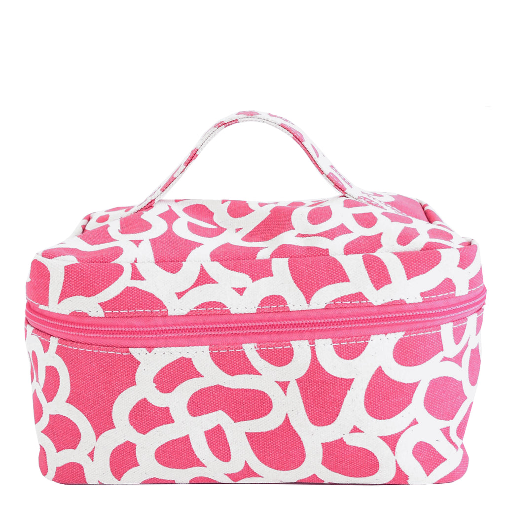 A pink and white See Design Train Case Large with a zipper, perfect for organizing and traveling.