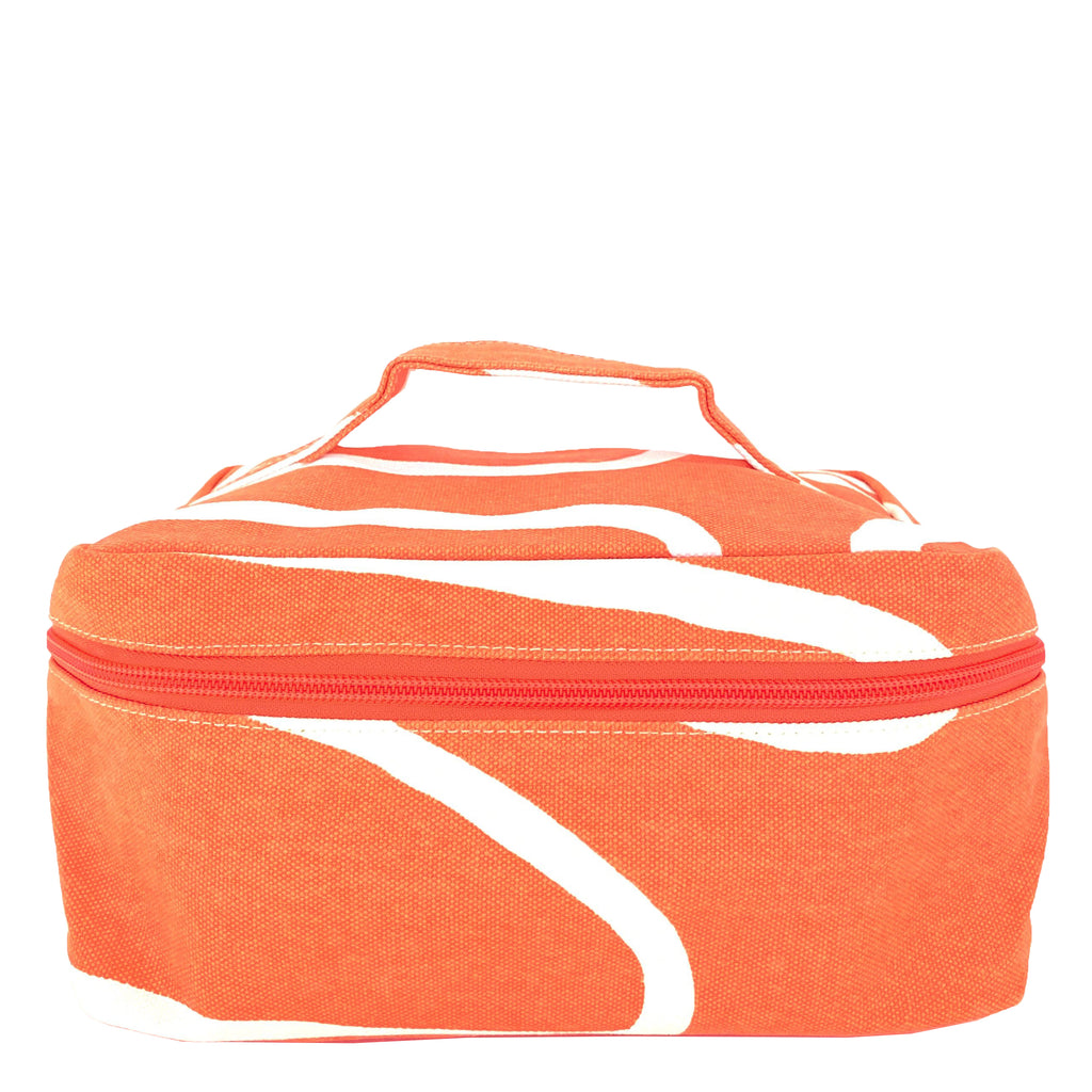 A Train Case Large lunch bag with a zipper and canvas handles, in orange and white, by See Design.