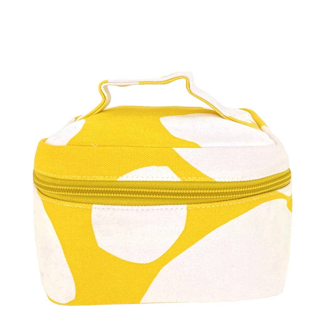 A yellow and white Train Case Small lunch bag with a zipper by See Design.