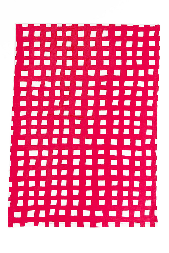 A vibrant red and white square pattern on a See Design cotton Tea Towels (Set of 2).