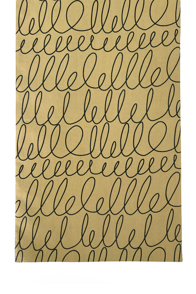 A gold cotton table runner with the word hello written on it. (Brand: See Design)