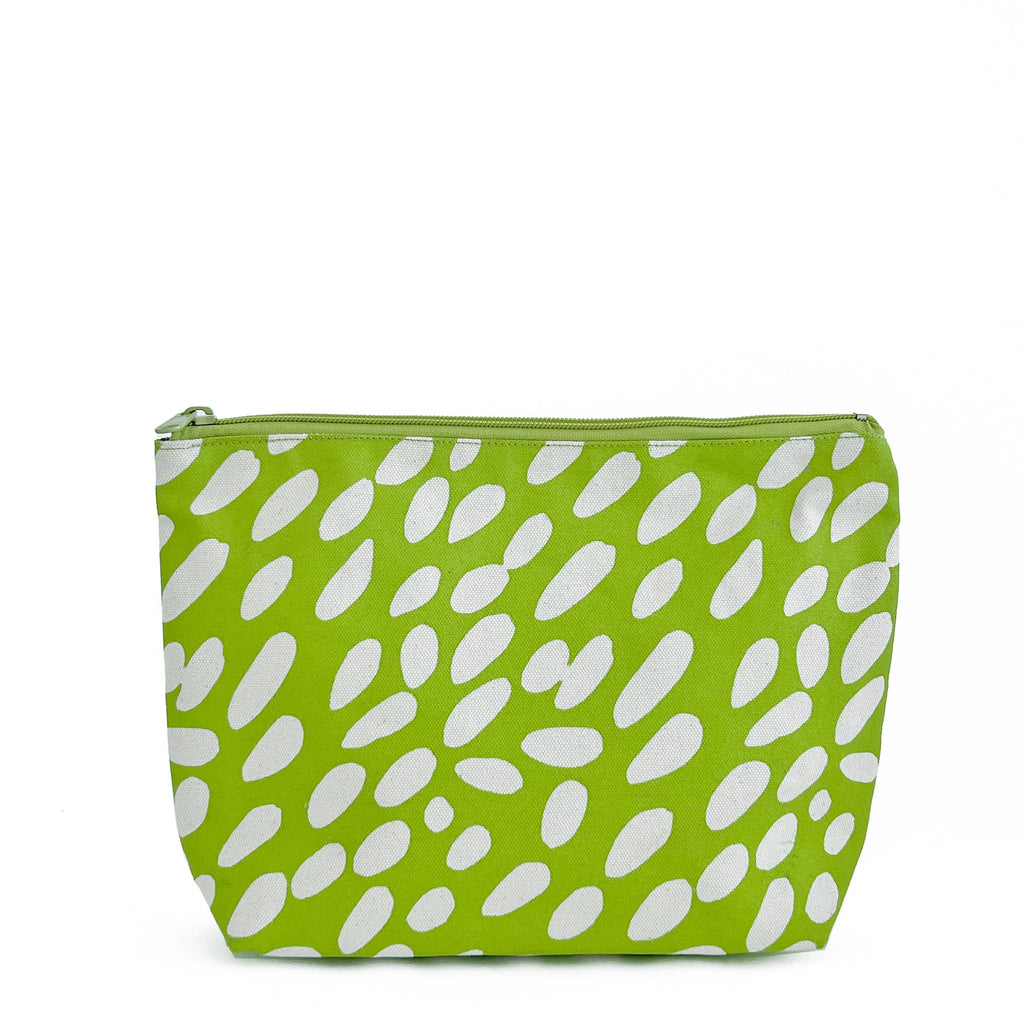 A green Travel Pouch Large with a top zipper and canvas exterior by See Design.
