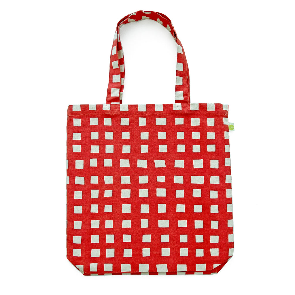 A lightweight red and white checkered cotton canvas Easy Tote Bag by See Design.