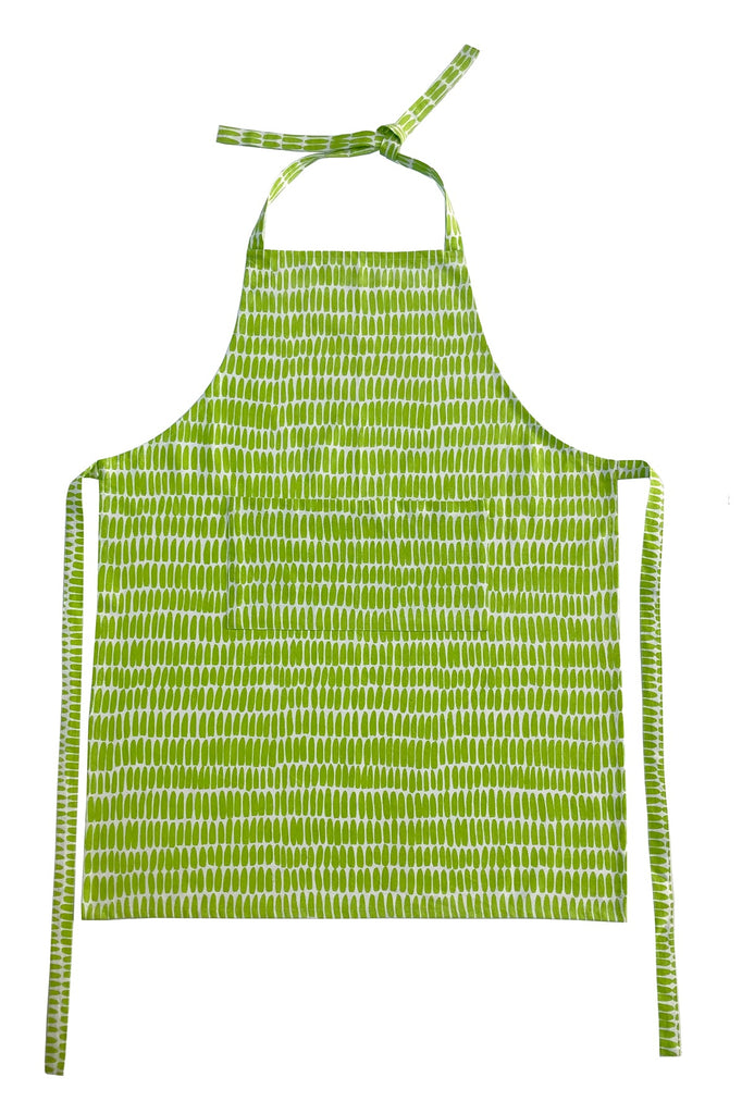A See Design apron with hand-painted white stripes on it.