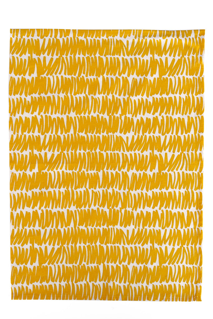 Vibrant yellow and white hand-painted designs on See Design tea towels (Set of 2) set against a white background.