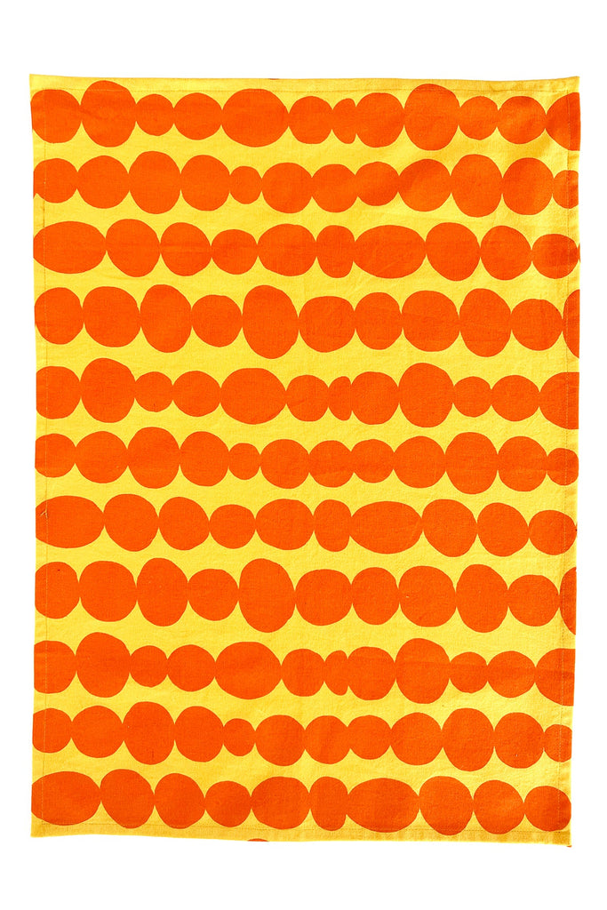A vibrant orange and yellow polka dot pattern on a white background, hand painted for unique designs on high-quality cotton See Design Tea Towels (Set of 2).