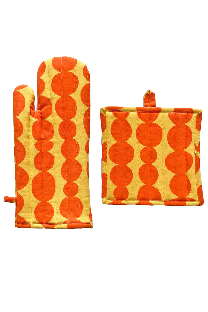 Two See Design hand painted Oven Mitt & Potholder Sets with orange and yellow designs on a white background.