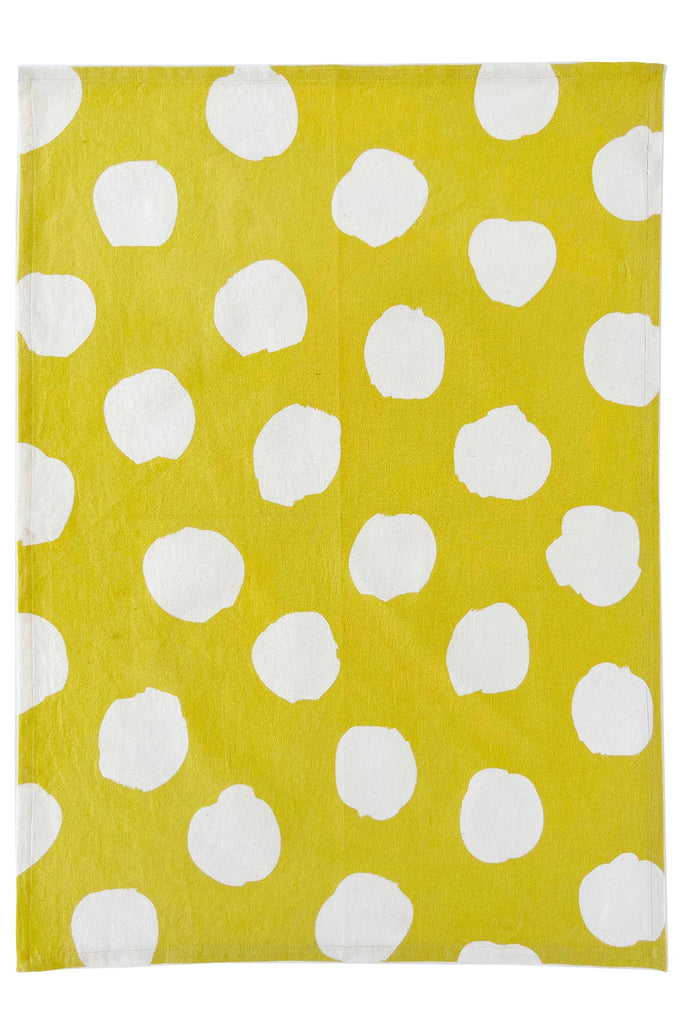 A vibrant yellow and white polka dot Tea Towels (Set of 2) designed by Donna Gorman from See Design.