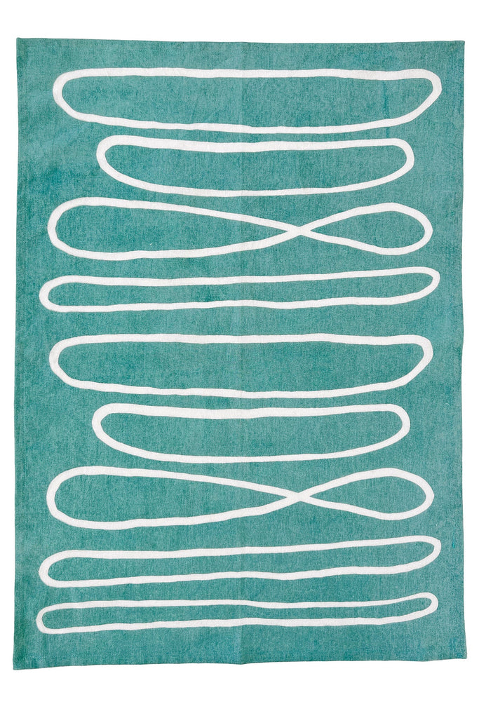 A See Design Tea Towels (Set of 2) with hand painted white lines on a teal background.