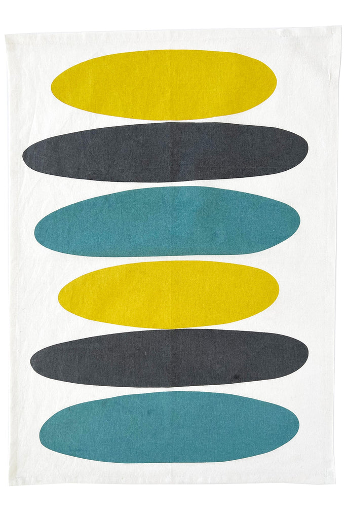 A See Design tea towel set with vibrant blue and yellow stripes.
