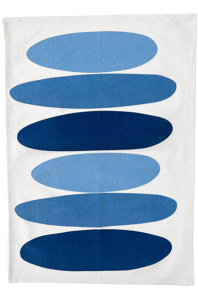 A See Design Tea Towels (Set of 2) with vibrant blue and white stripes for a kitchen setting.