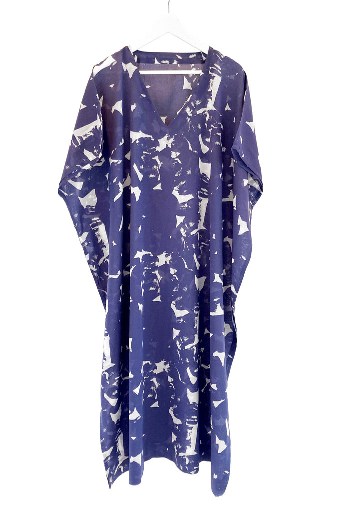 A See Design Caftan Long, perfect as a beach cover up, featuring a beautiful blue and white bird print.